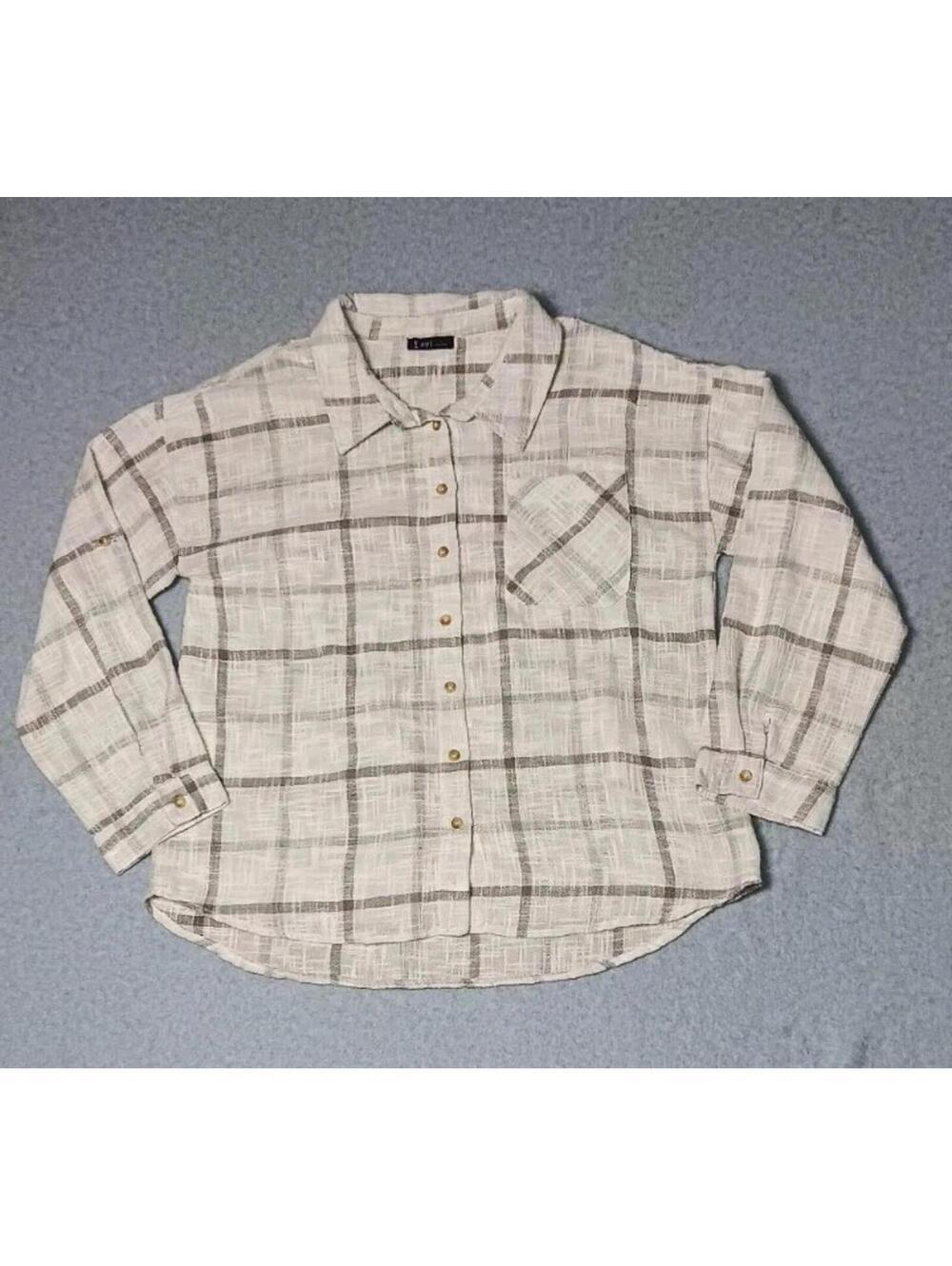 Very J Linen Blend Long Sleeve Button Up Womens Size Large Ivory And Light Brown